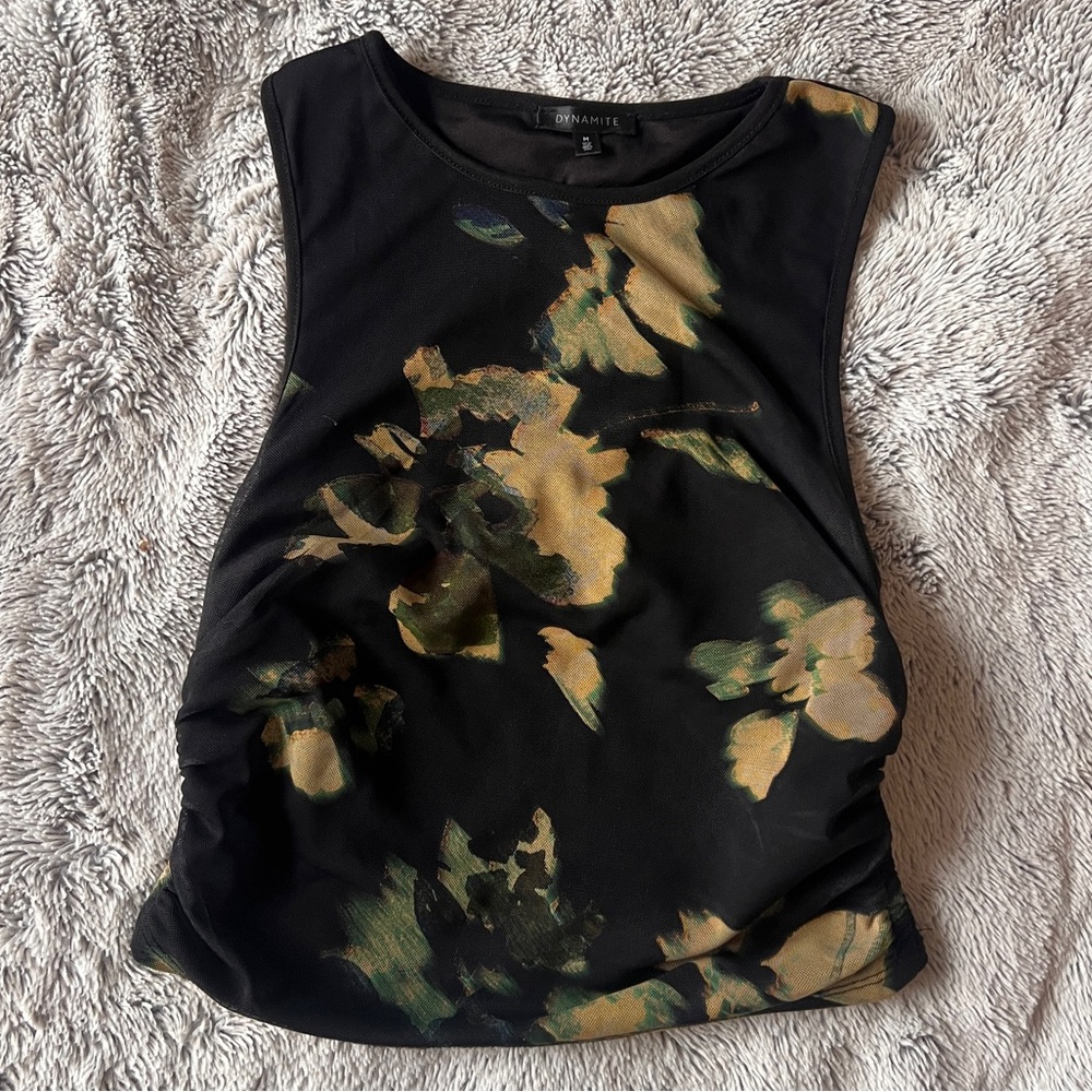 Dynamite Black Tank Top with Gold-Green Floral Print